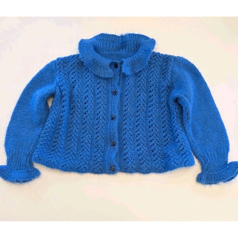 Vintage Girls Hand Knit Crochet Sweater Cardigan Blue Ruffle Cuff Handmade 24m